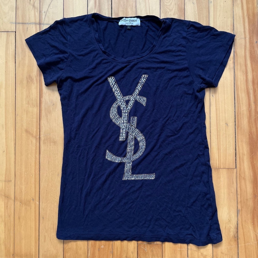 Yves Saint Laurent Pour Homme Navy Blue Rhinestone YSL Logo T-Shirt Size L